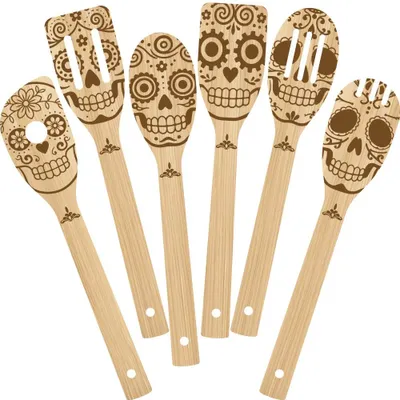 Productafbeelding van Set van 6 roerlepels met schedelmotieven - Keukenaccessoires van bamboe - 6 x 30 cm