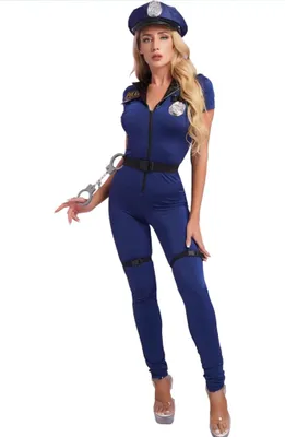 A woman in a police costume posing for a product photo.