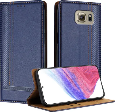 A blue flip case for a Samsung Galaxy S6 is shown open, with the phone inside displaying a colorful wallpaper. The case is standing upright, showcasing its stand function.