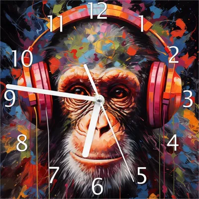 Produktbild von Wallario Design Wanduhr Schimpanse mit Kopfhörern aus Echtglas, Größe 20 x 20 cm
