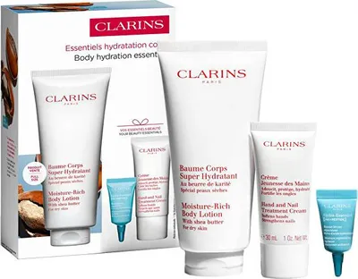 Zdjęcie produktu dla Clarins Body Hydration Essentials, Kobiety, Skóra uniwersalna, Nawilżający, Odżywiający, Zmiękczający, 200 ml, 30 ml, 3 ml