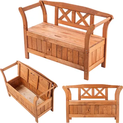 A collage of a wooden park bench with storage, showing different angles and views.