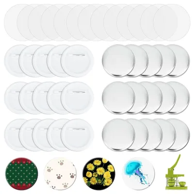 Image de Accessoires pour la fabrication de badges (lot de 100 pièces) : pièces pour badges à épingle, badges ronds vierges, épingles, couvercles métalliques, dos en plastique, et film transparent inclus