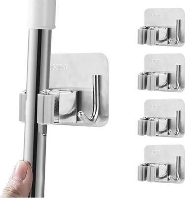 Produktbild von Famanu Besenhalter Wandmontage Set von 4 – Selbstklebend ohne Bohren mit zusätzlichen Haken – Für Küche, Badezimmer und Garten (Silber)