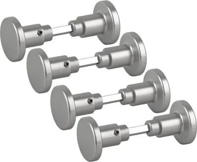 A set of five silver-colored door knobs arranged diagonally on a white background.