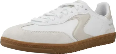 A single white sneaker with tan accents and a brown sole is shown against a white background.