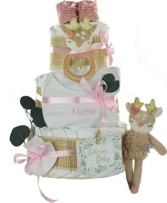 Produktbild von Windeltorte Mädchen mit Name bedruckt | REH ELLA | rosa – 3 stöckig / unbedruckt