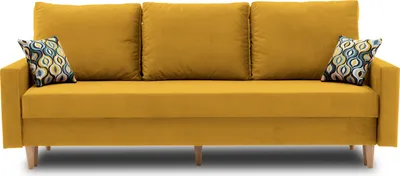 A yellow sofa with three back cushions and two decorative pillows.