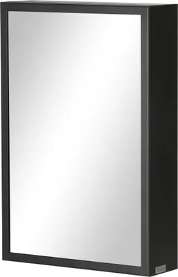 A black medicine cabinet with a mirrored door, shown from a slight angle against a white background.