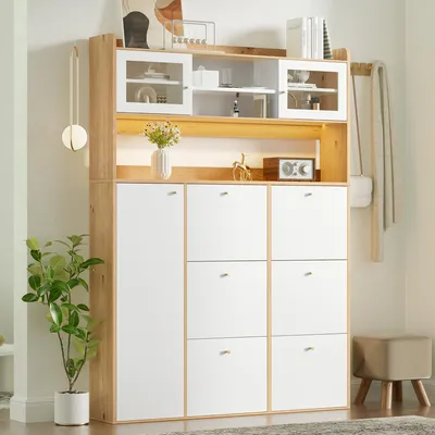 Productafbeelding van MODFU schoenenkast met 6 klepdeurtjes, LED-vitrine, moderne schoenenkast met glazen deur, bijzettafel voor hal en entree, wit
