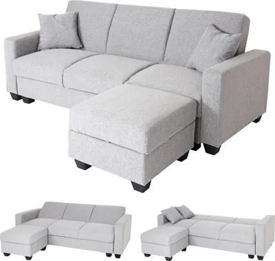 Immagine prodotto di Divano HWC-H47 con pouf, divano letto per ospiti, funzione letto con spazio di archiviazione 217x145cm ~ tessuto/tessuto grigio chiaro