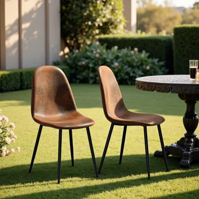 Immagine prodotto di Set di 4 sedie da esterno, rivestite in velluto marrone, con struttura in metallo, resistenti agli agenti atmosferici, ideali come sedie da tavolo per il giardino