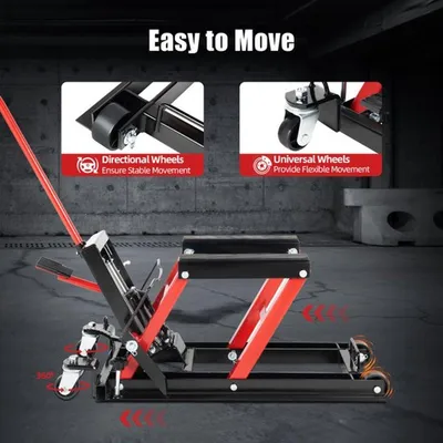 Zdjęcie produktu dla Hydrauliczna platforma do podnoszenia motocykli - czerwona platforma - udźwig 680 kg - regulowana wysokość, idealna do garażu
