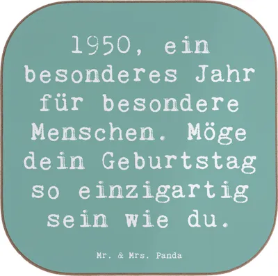 Produktbild von Mr. & Mrs. Panda Untersetzer Glas Spruch 1950 Geburtstag - Meeresbrise - Geschenk, Alter, Erinnerungen, Gläser, Holzuntersetzer, besonderes Jahr, Tassen, für