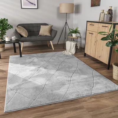 Produktbild von Teppich Wohnzimmer Schlafzimmer Kurzflor Boho Skandi Raute 3D Grau Anthrazit Grösse 80x150 cm