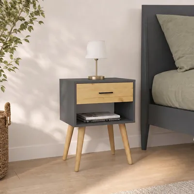Produktbild von VCM Nachttisch mit Schublade und Ablagefach, 45 x 30 x 70 cm, Beistelltisch im Retro-Design mit Holzfüßen - Singol  XL