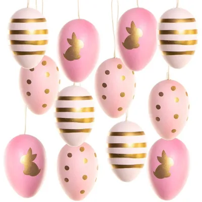 Produktbild von 12 Ostereier aus Plastik pink Gold - Eier zum Aufhängen 6 cm