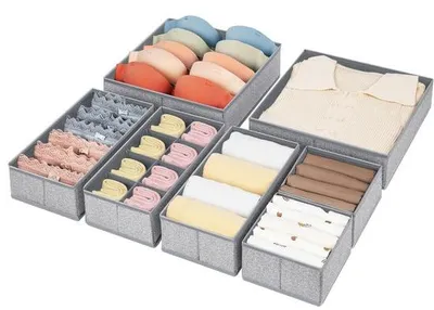 Produktbild von Unyqoos® 7‑teiliges Aufbewahrungsboxen-Set für Schrank & Schublade – 2×30×30×9,5 cm, 3×30×15×9,5 cm, 2×15×15×9,5 cm – 80 g Vlies, 1,8 mm Kartonverstärkung