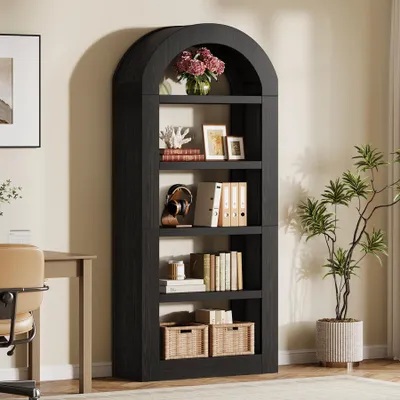 Produktbild von Tribesigns 180 cm Bücherregale, gewölbt Standregale mit Stauraum, 5-stöckiges offenes Bücherregal aus Holz mit Ablageflächen für Wohnzimmer