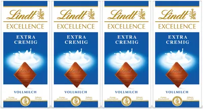 Four identical Lindt Excellence Extra Cremig Vollmilch chocolate bars are displayed side-by-side against a white background.