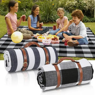 Produktbild von Eikuavons Picknickdecke Wasserdicht 200x200 cm XXL Outdoor Campingdecke Faltbar mit Tragegriff, Streifen & Karo Muster