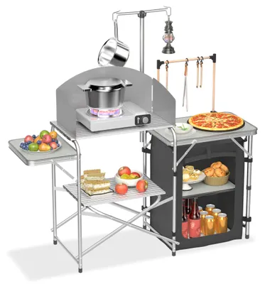 Obrázek produktu pro Skládací campingová kuchyňka QEENTOE, venkovní kuchyňský stolek s úložným prostorem, 3 pracovní plochy a přihrádky, mobilní kuchyňská skříň pro kempování, zahradu a cestování, rozměry 146 x 46 x 141 cm