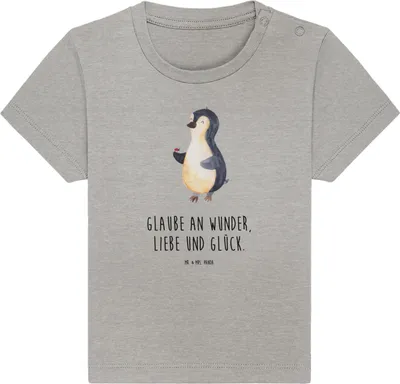 Produktbild von Mr. & Mrs. Panda Babyshirt Pinguin Marienkäfer 0. - 6. Monat - Heather Grey - Geschenk, Kleinkind T-Shirt, , Kinder Oberteil, Aufmerksam, Pinguine, Glück, Shirt, Top
