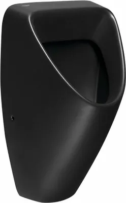 A black ceramic urinal mounted on a white background.
