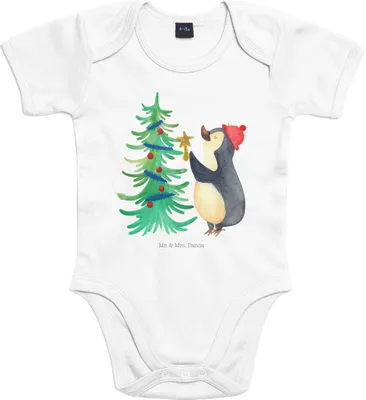 Produktbild von Mr. & Mrs. Panda Strampler Baby Pinguin Weihnachtsbaum 12. - 18. Monat - Heather Grey - Geschenk, Einteiler, babykleidung body, Weihnachten, Winter, Babybody, Kurzarmbody