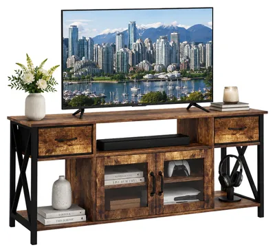 Produktbild von Relaxdays TV Lowboard, HxBxT: 60 x 140 x 40 cm, 2 Schubladen, 4 Fächer, Industrial, Fernsehtisch, TV-Bank, braun/schwarz