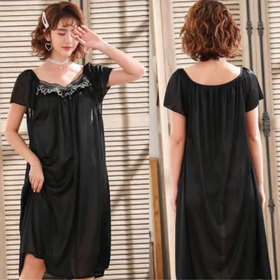 Produktbild von y Wome Breathable Oversized Kurzarm Midi Nachtkleid Nachtwäsche Pyjama||Schwarz