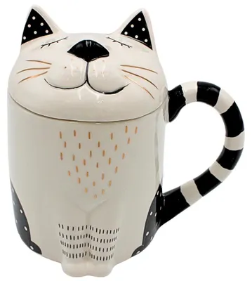 Kaffeetasse mit Katzenmotiv und Deckel, Keramik, 400 ml, 14 x 9 cm