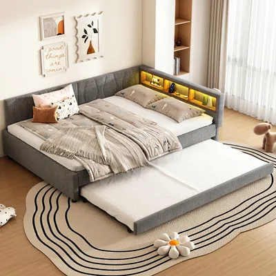 Produktbild von okwish Schlafsofas 140×200 Tagesbett mit  Lattenrost und Ablagefach,ausziehbarem Bett mit USB+Typ C,LED-Umgebungslicht,Grau(ohne Matratze)