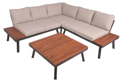 Modernes Gartensofa Garten Garnitur Lounge Set THERESA, 4tlg. in Gesamtansicht mit Ecksofa, beigen Kissen und Holztischen.
