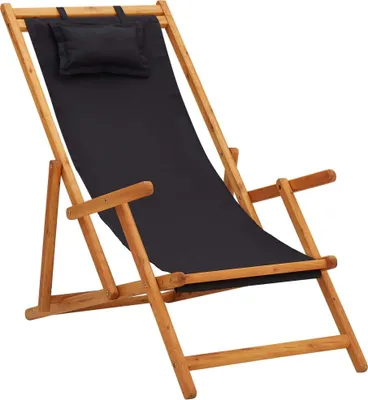 Image de vidaXL Chaise de plage pliante en bois massif d'eucalyptus et tissu noir