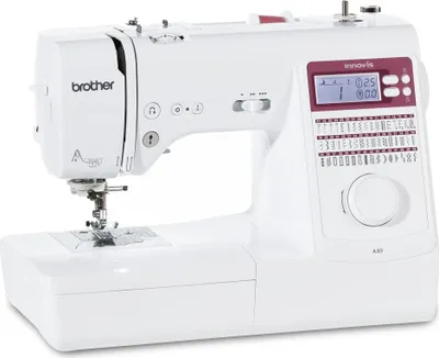 A white Brother Innov-is A50 computer sewing machine is shown from a slightly elevated front-side angle against a white background.