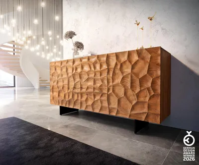Produktbild von DELIFE Sideboard Solu 175 cm Akazie Natur 2 Türen 3 Schübe Fuß schwebend Metall Schwarz 3D-Front