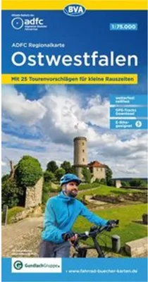 Obrázok produktu pre ADFC regionálna mapa Východného Vestfálska, 1:75 000, s návrhmi jednodňových výletov, odolná voči roztrhnutiu a poveternostným vplyvom, vhodná pre e-bicykle, GPS stopy na stiahnutie