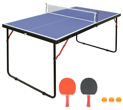 Image de Table de ping-pong pliable avec filet et lot de raquettes, pour une utilisation en extérieur et en intérieur, surface bleue, comprenant 2 raquettes et des balles
