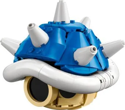A close-up, studio shot of a LEGO model of a blue Spiny Shell from Mario Kart.