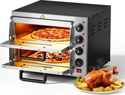 Image de Wiltec Four à Pizza électrique 2 étages – 3000 W – 570 x 560 x 440 mm – avec Pierre réfractaire alimentaire en cordiérite – Matériel de gastronomie cuisine, Appareil cuisson