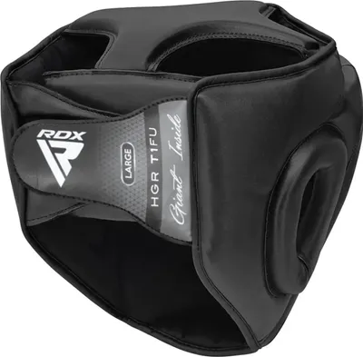 A black RDX sports head protector with a removable face cage.