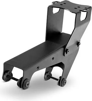 A black metal gearshift and handbrake holder for a racing simulator.