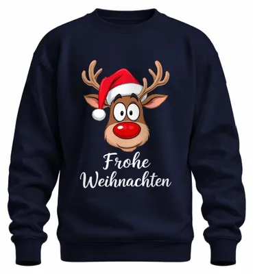 Productafbeelding van Vrolijke Kersttrui met het thema rendier Rudolf, cartoon, schattig, grappig, geschikt als cadeau, uni, marineblauw, maat XXL