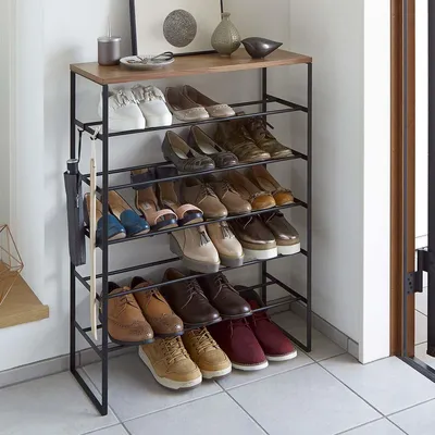 Produktbild von Yamazaki Schuhregal Metall 5 Reihen für 15 bis 18 Paar Schuhe mit Ablage in Holz modern black schwarz 03370