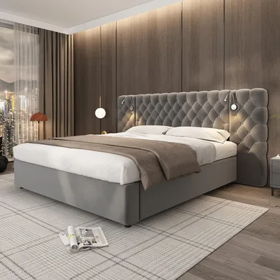 Image de MODFU Lit Coffre 160x200 cm - Lit Double Capitonné avec Rangement Sous Le Lit et Éclairage LED, Revêtement en Velours Gris, Sans Matelas