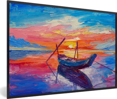 Produktbild von MuchoWow® Gerahmtes Poster Malerei - Boot - Ölfarbe - Wasser 30x20 cm - Poster mit Schwarzem Bilderrahmen Wandposter Rahmen Foto Bilder - Kunstdruck - Bild-Poster