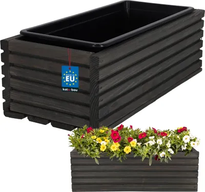 Zdjęcie produktu dla KOTARBAU® Drewniana skrzynka na kwiaty 44x20cm z doniczką wewnętrzną Skrzynka balkonowa Antracyt Doniczka balkonowa Doniczka na kwiaty Doniczka drewniana Skrzynka na kwiaty Balkon Ogród Taras Skrzynka z wkładem