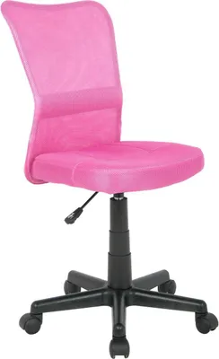 A pink office chair with a black base and wheels, shown from a three-quarter angle against a white background.