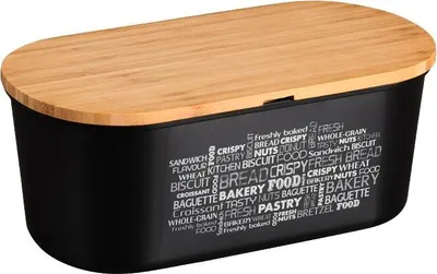 Produktbild von KESPER Brotbox schwarz38502, 34x20x14,5 cm – Brotkasten aus PET-Kunststoff mit Holzdeckel als Schneidebrett, hygienisch & platzsparend